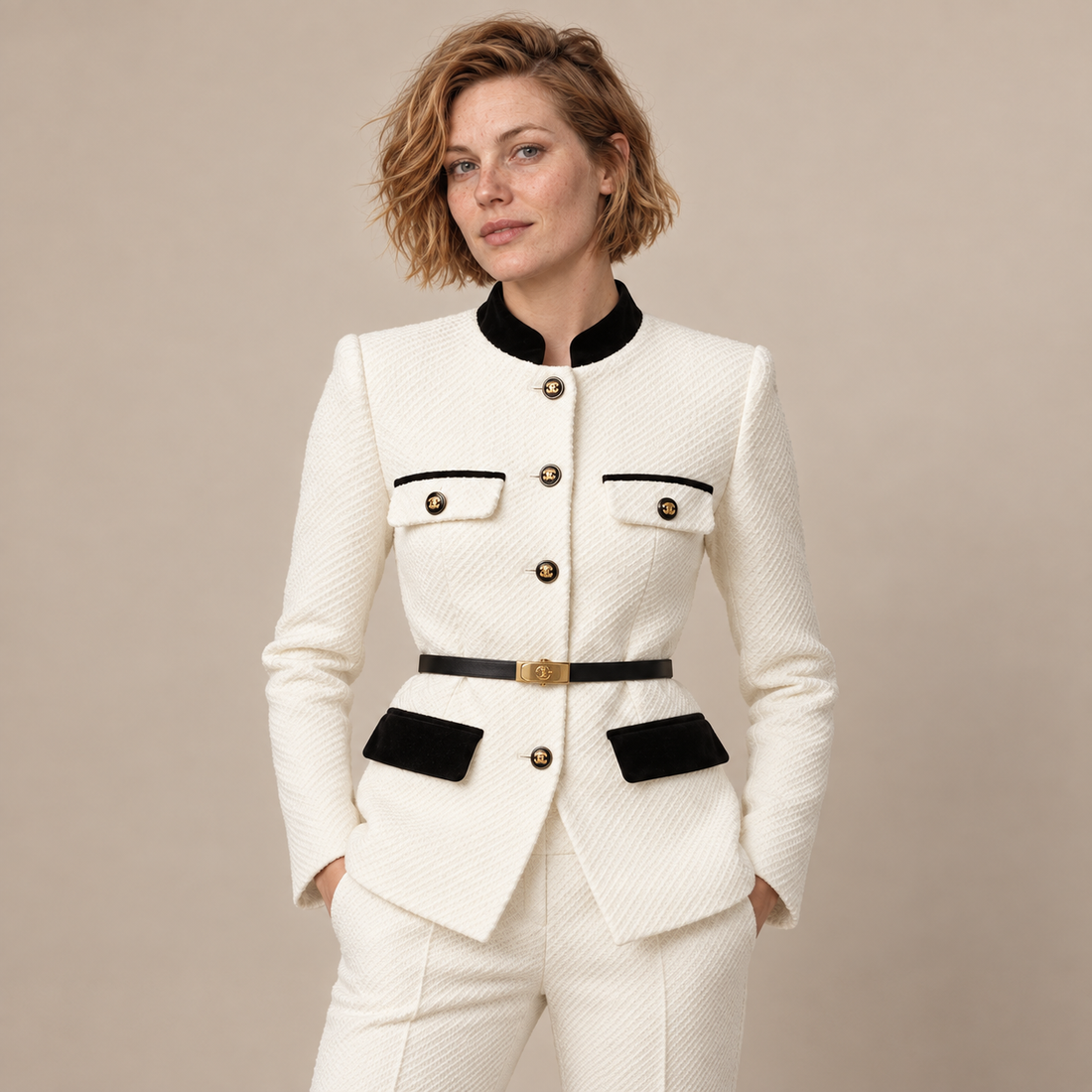 Damesblazer met ceintuur en knoopsluiting