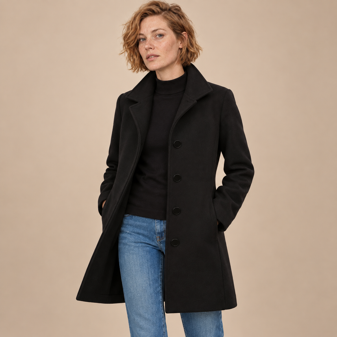 Lange winterjas voor dames met knoopsluiting en reverskraag