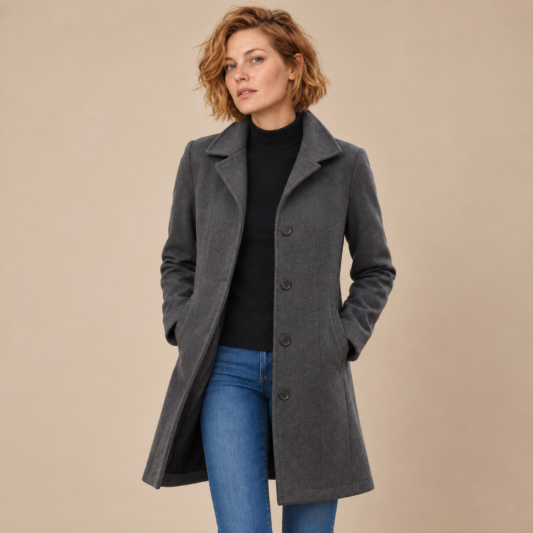 Lange winterjas voor dames met knoopsluiting en reverskraag