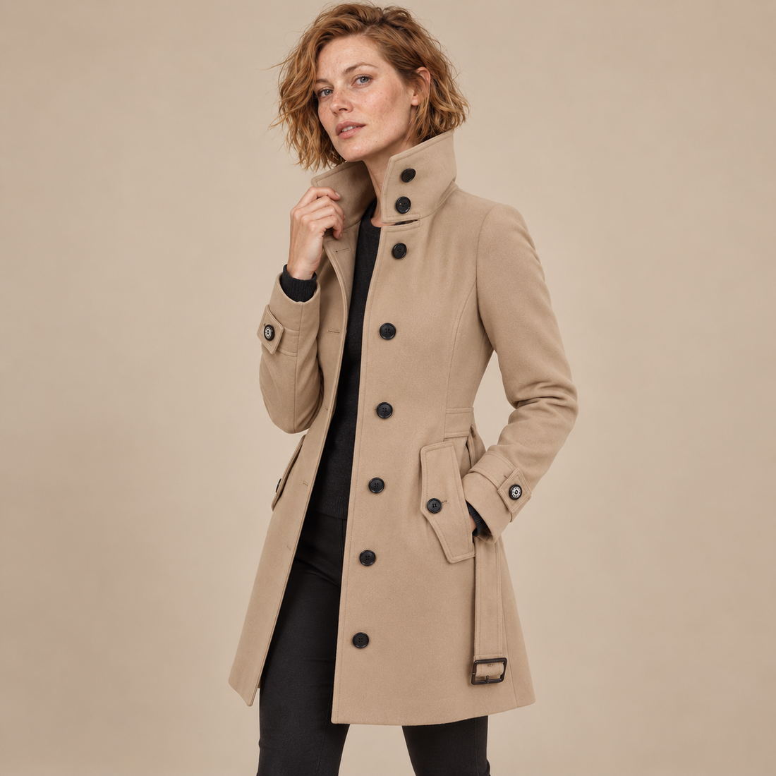 Damestrenchcoat met hoge hals, ceintuur en knoopsluiting