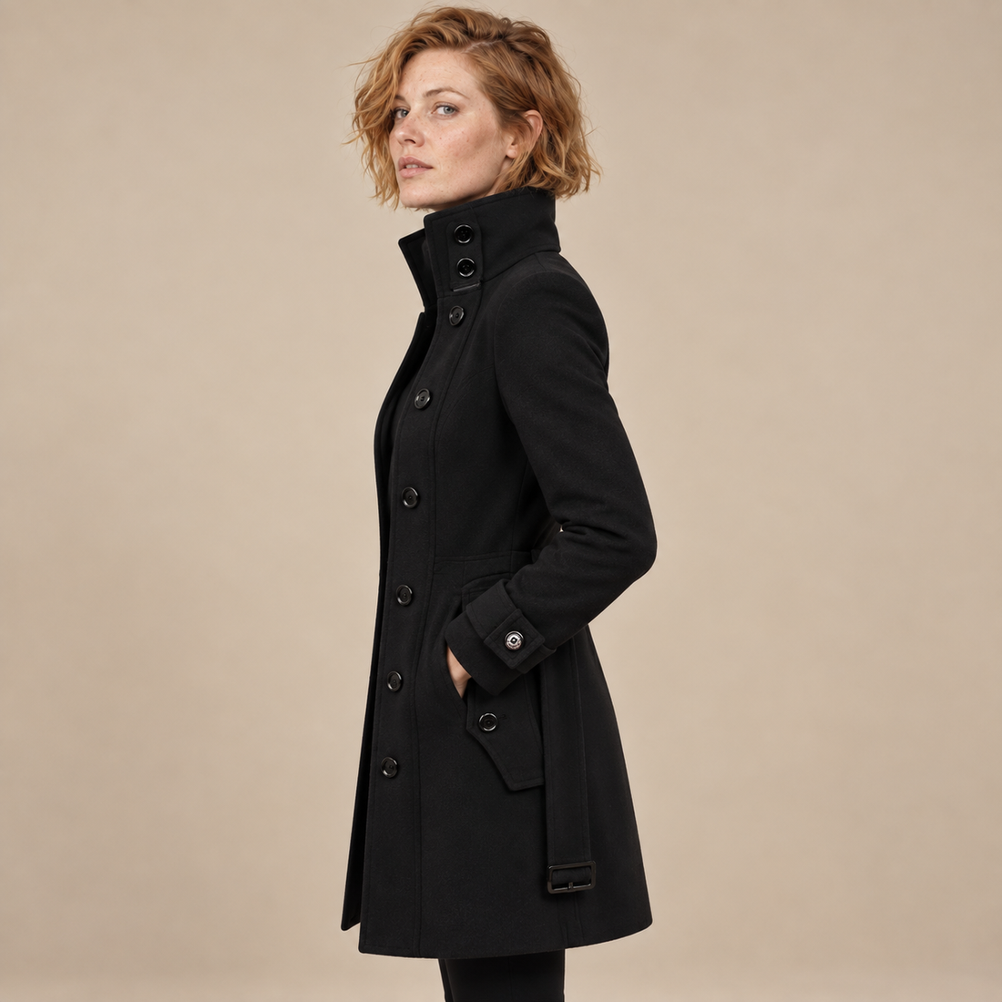 Damestrenchcoat met hoge hals, ceintuur en knoopsluiting
