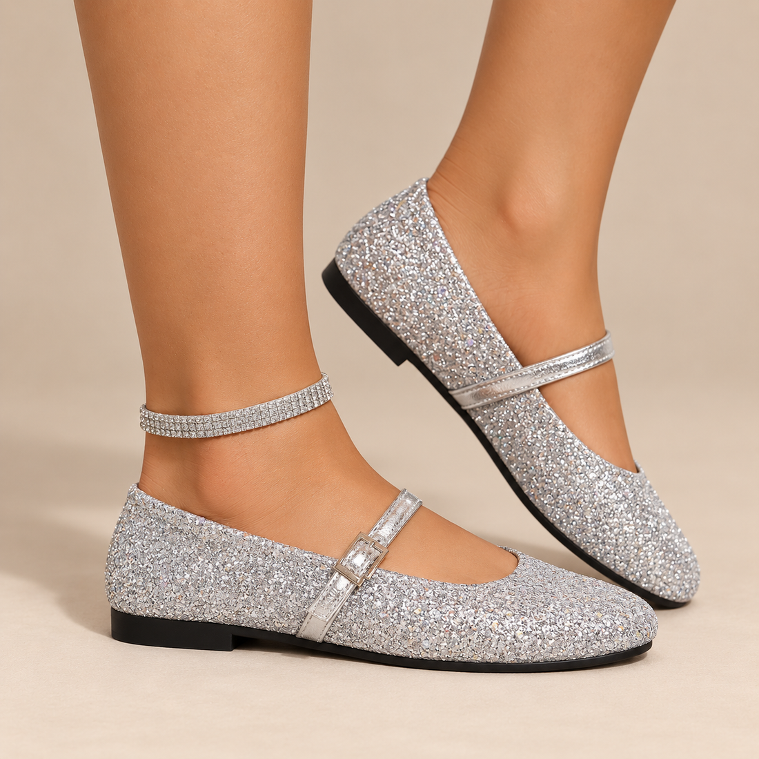 Glitter mary janes voor dames met enkelbandje