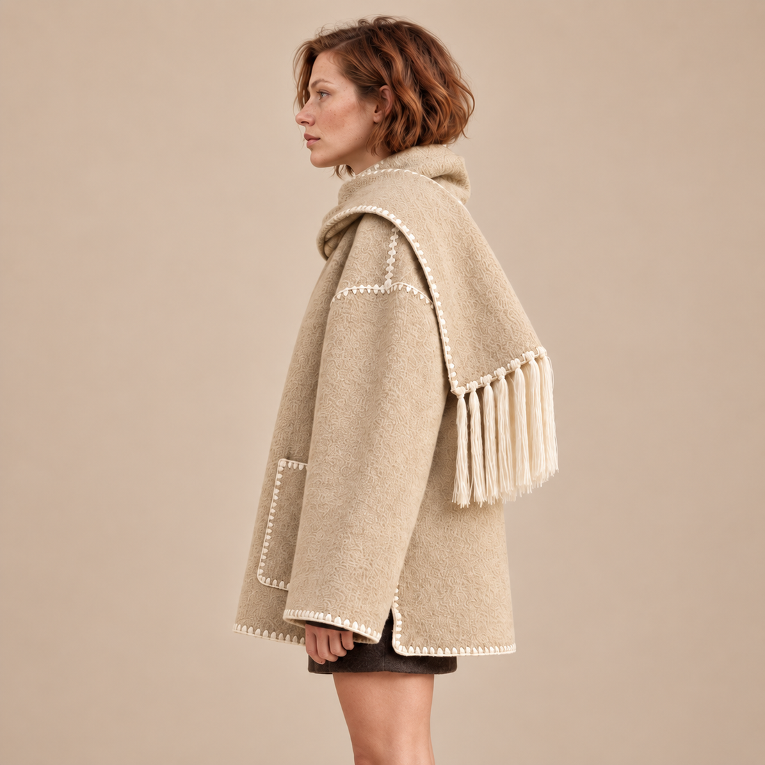 Oversized capejas voor dames met franjes en contrasterende stiksels