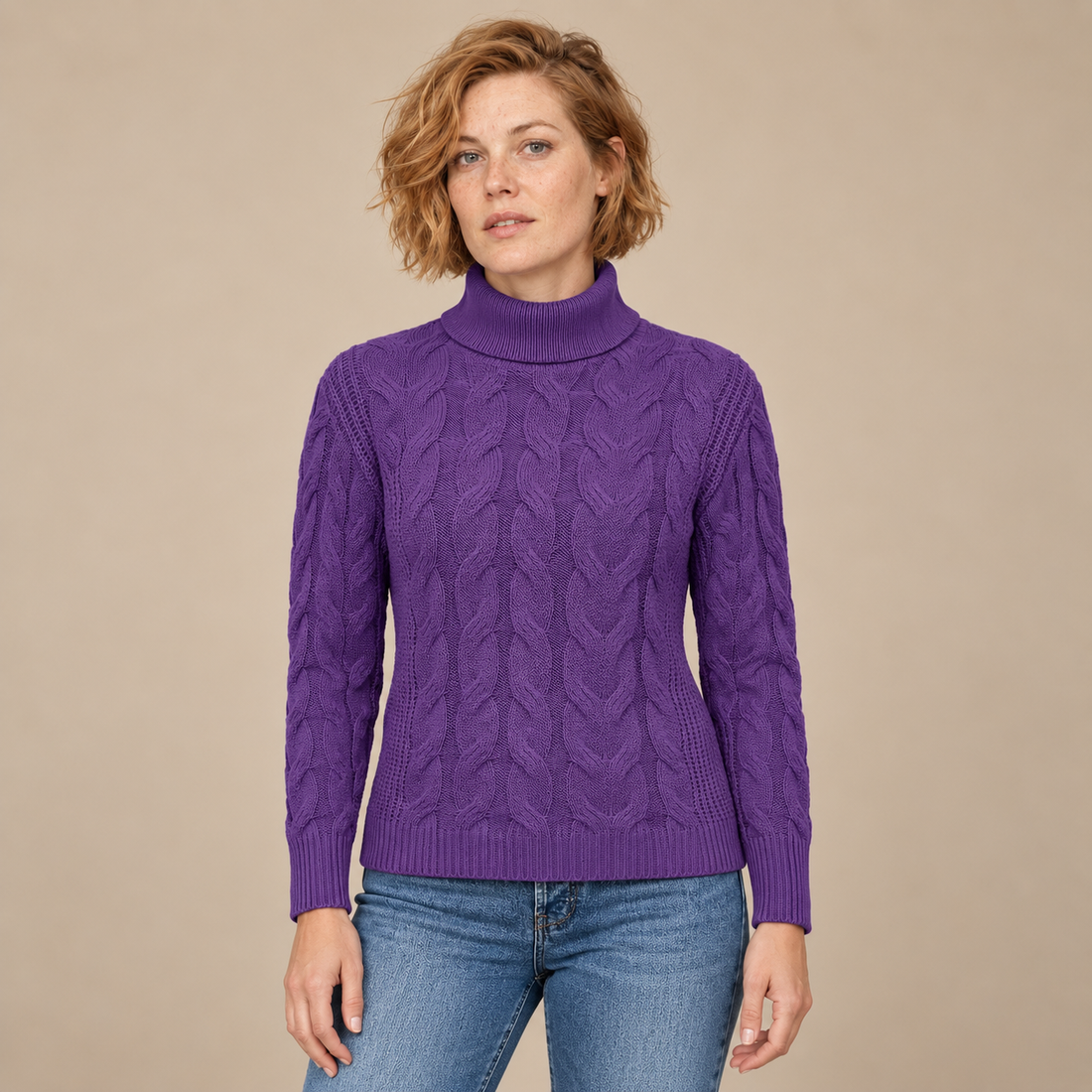 Knusse kabelgebreide coltrui voor dames