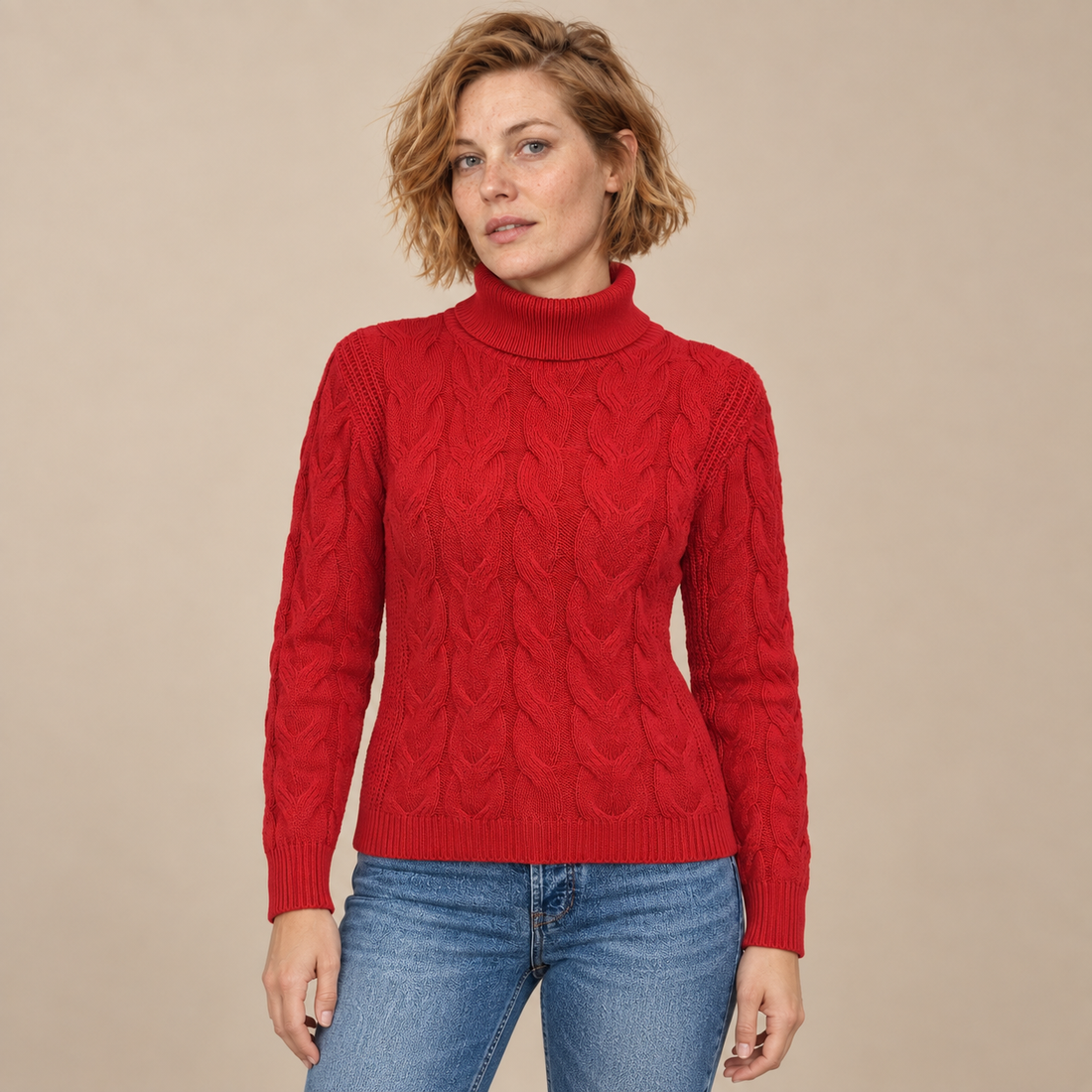 Knusse kabelgebreide coltrui voor dames