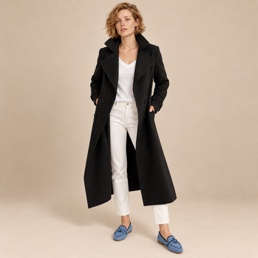 Lange damestrenchcoat met omslagkraag