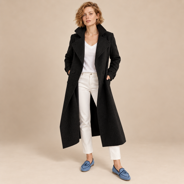 Lange damestrenchcoat met omslagkraag