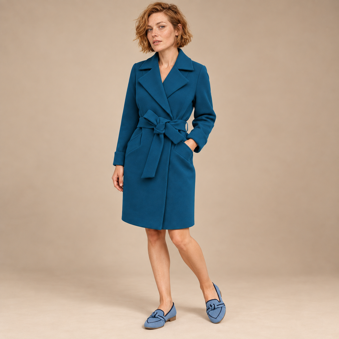 Damestrenchcoat met ceintuur en brede reverskraag