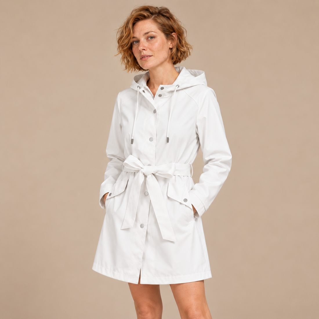 Damestrenchcoat met capuchon, ceintuur en knoopsluiting