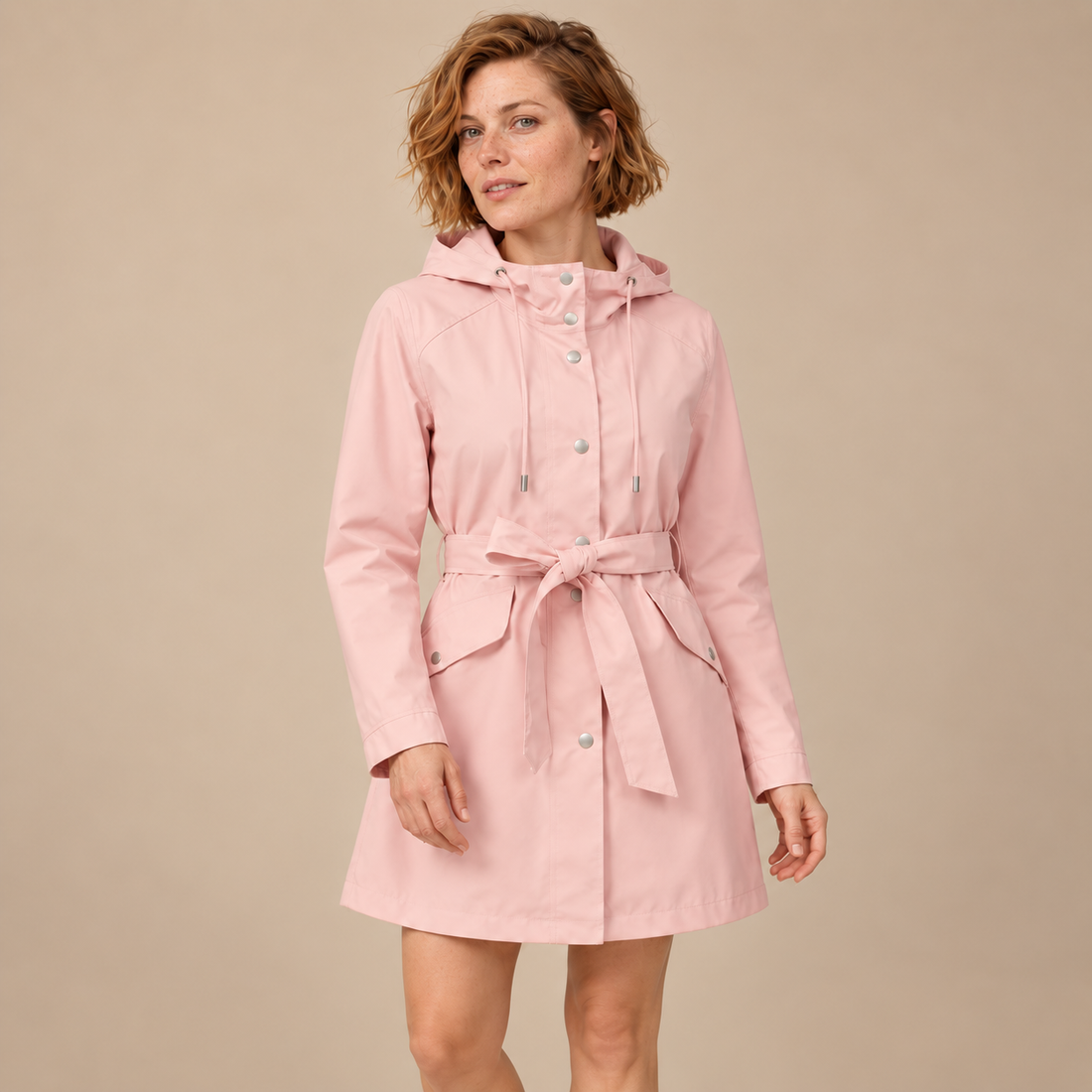 Damestrenchcoat met capuchon, ceintuur en knoopsluiting