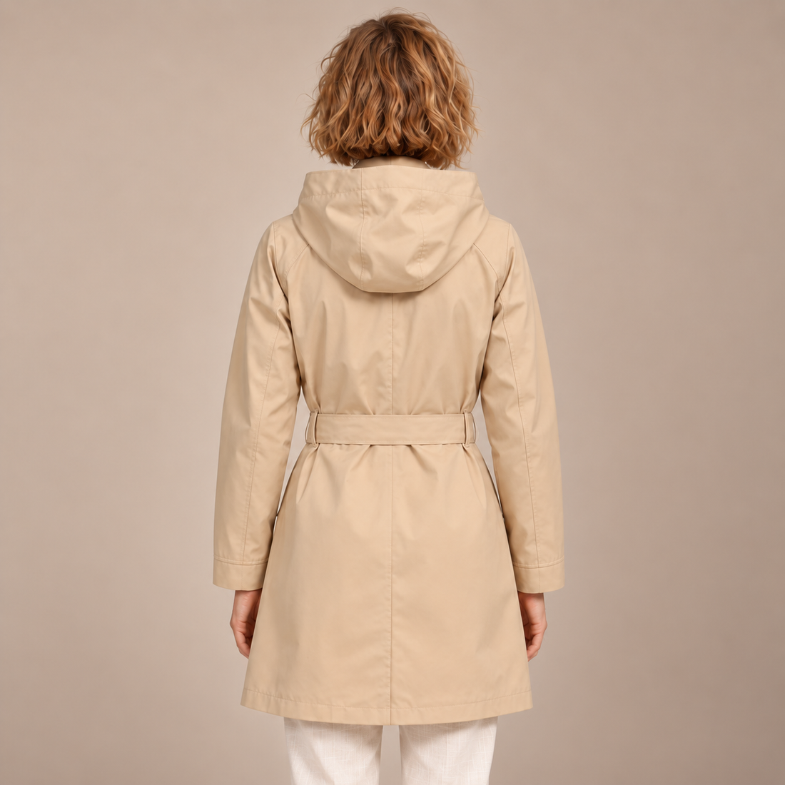Damestrenchcoat met capuchon, ceintuur en knoopsluiting