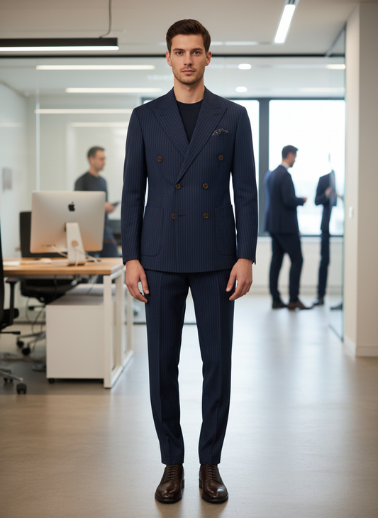 Men’s Double-Breasted Navy Pinstripe Suit – Tailored Two-Piece Set for Business & Formal Wear