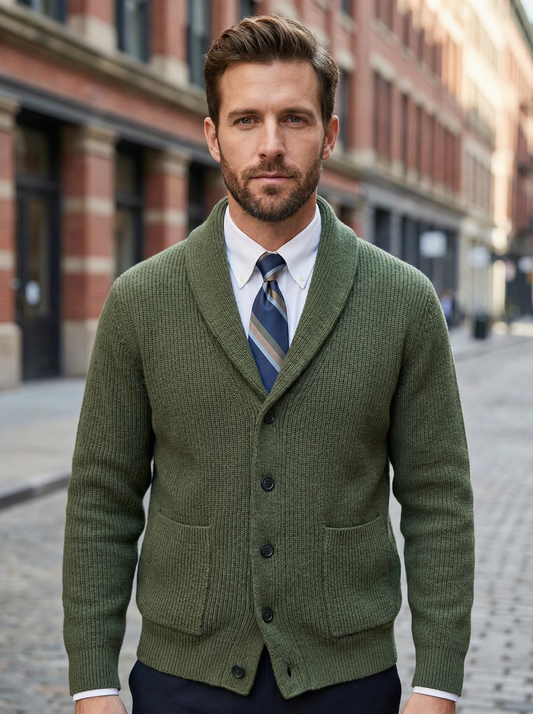 Men’s Ribbed Knit Cardigan with Shawl Collar
