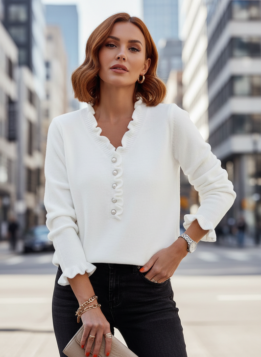 Women’s Elegant Ruffle Blouse with Decorative Buttons