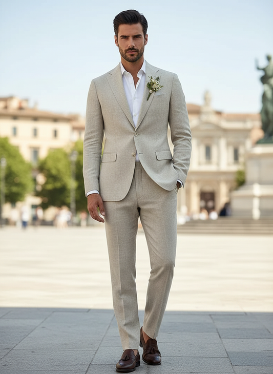 Men’s Linen-Blend Two-Piece Suit – Slim Blazer & Trousers for Business or Weddings