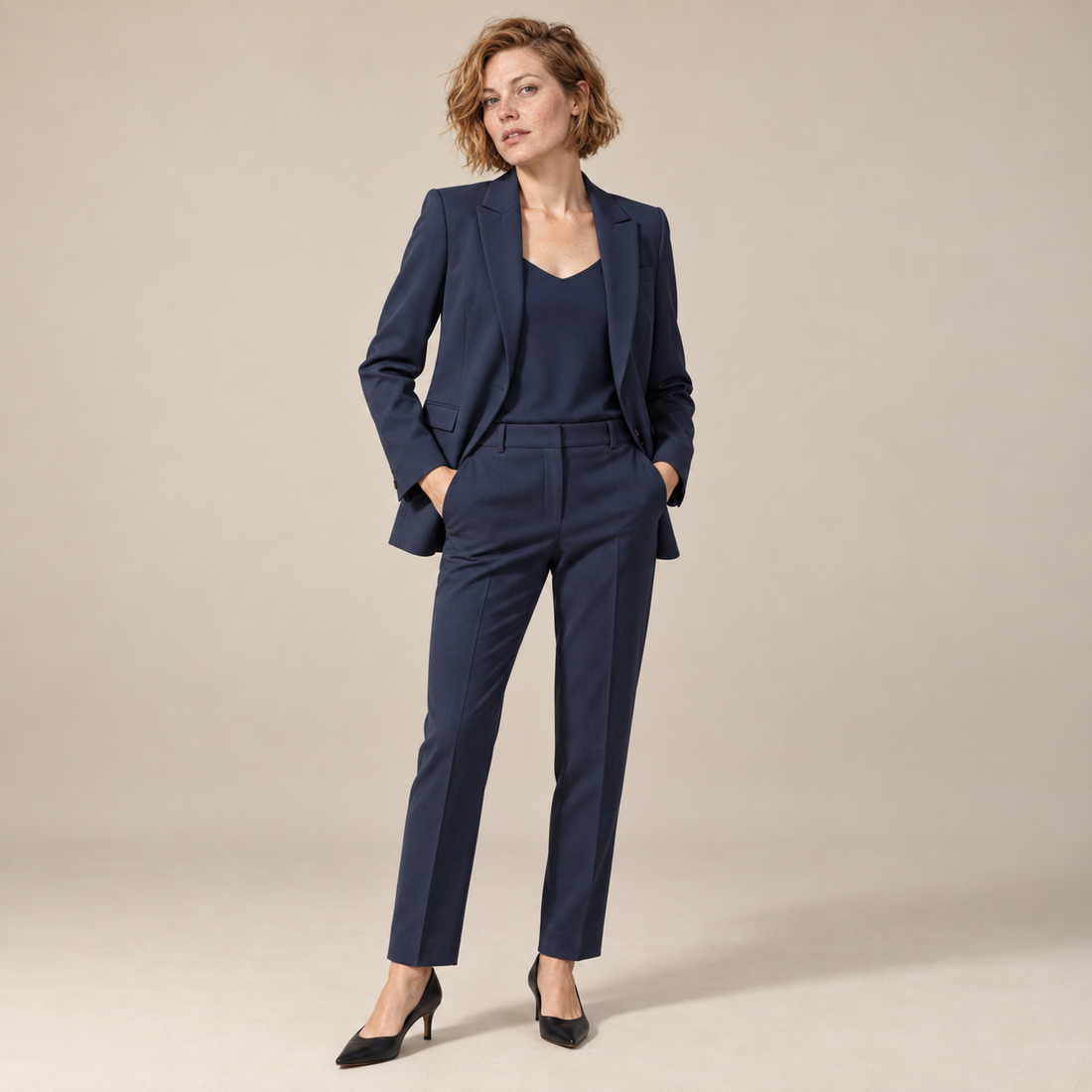 Blazer- en broekset voor dames met reverskraag en rechte pijpen