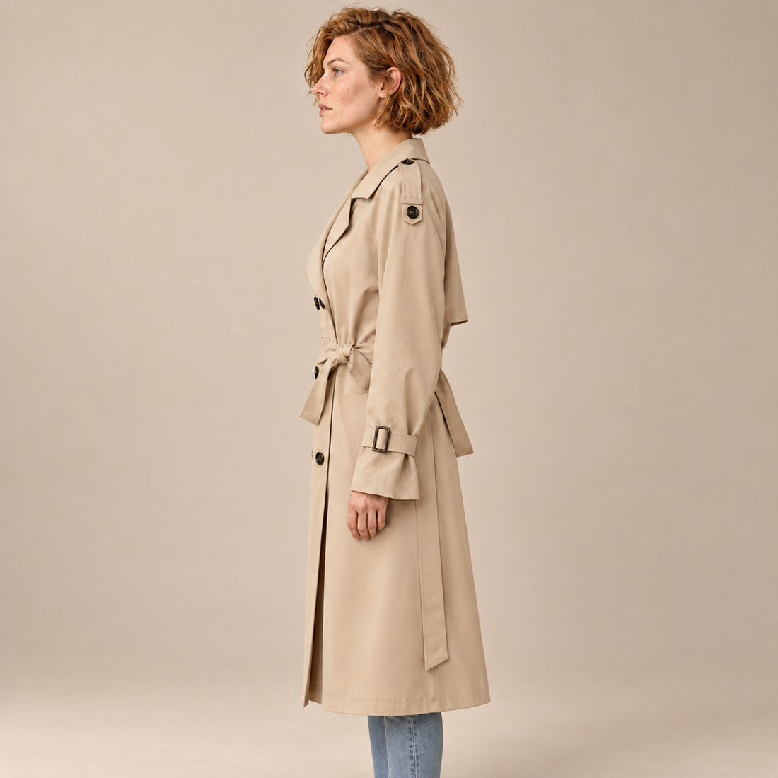 Dubbelrijige damestrenchcoat met ceintuur in de taille