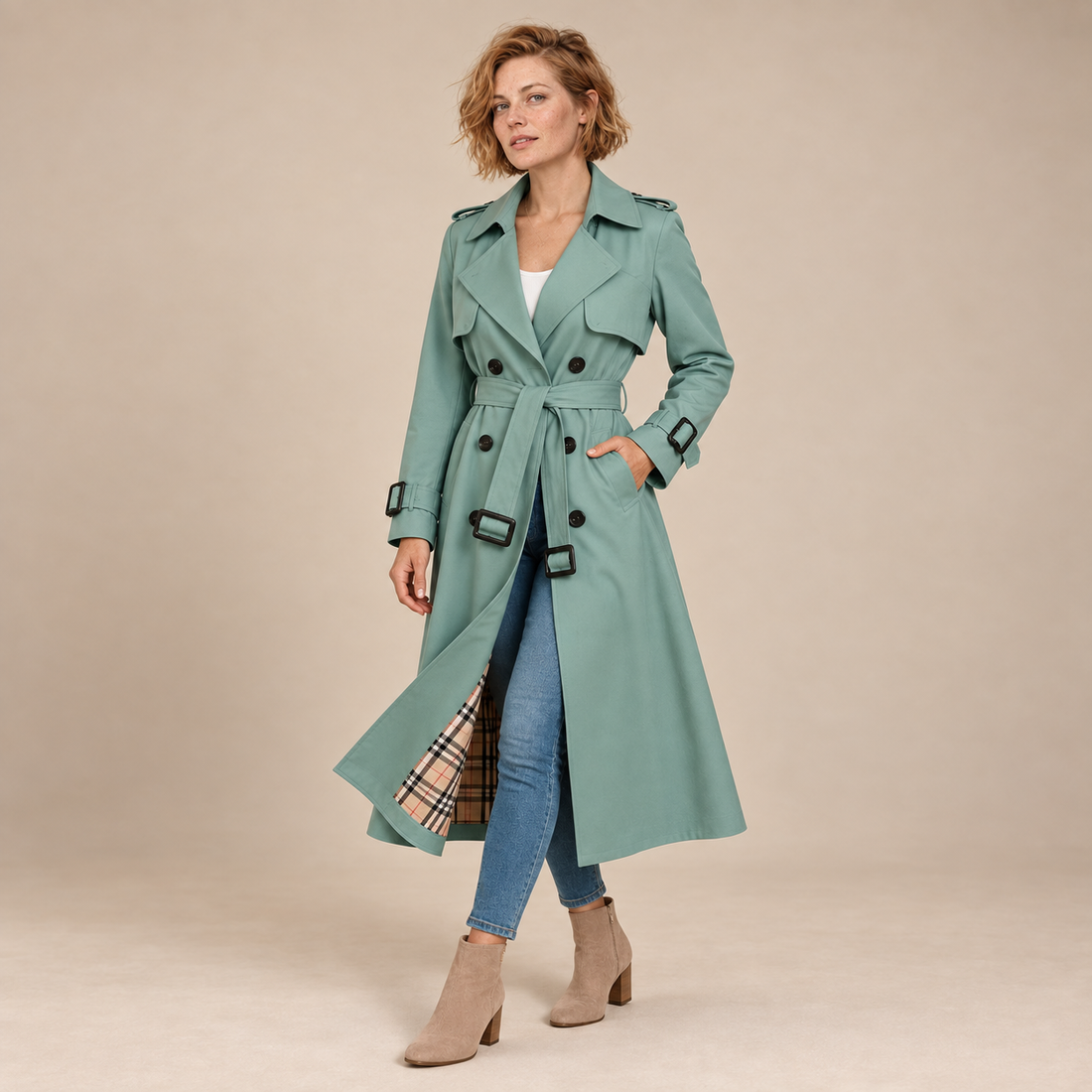 Dubbelrijige damestrenchcoat met strikceintuur