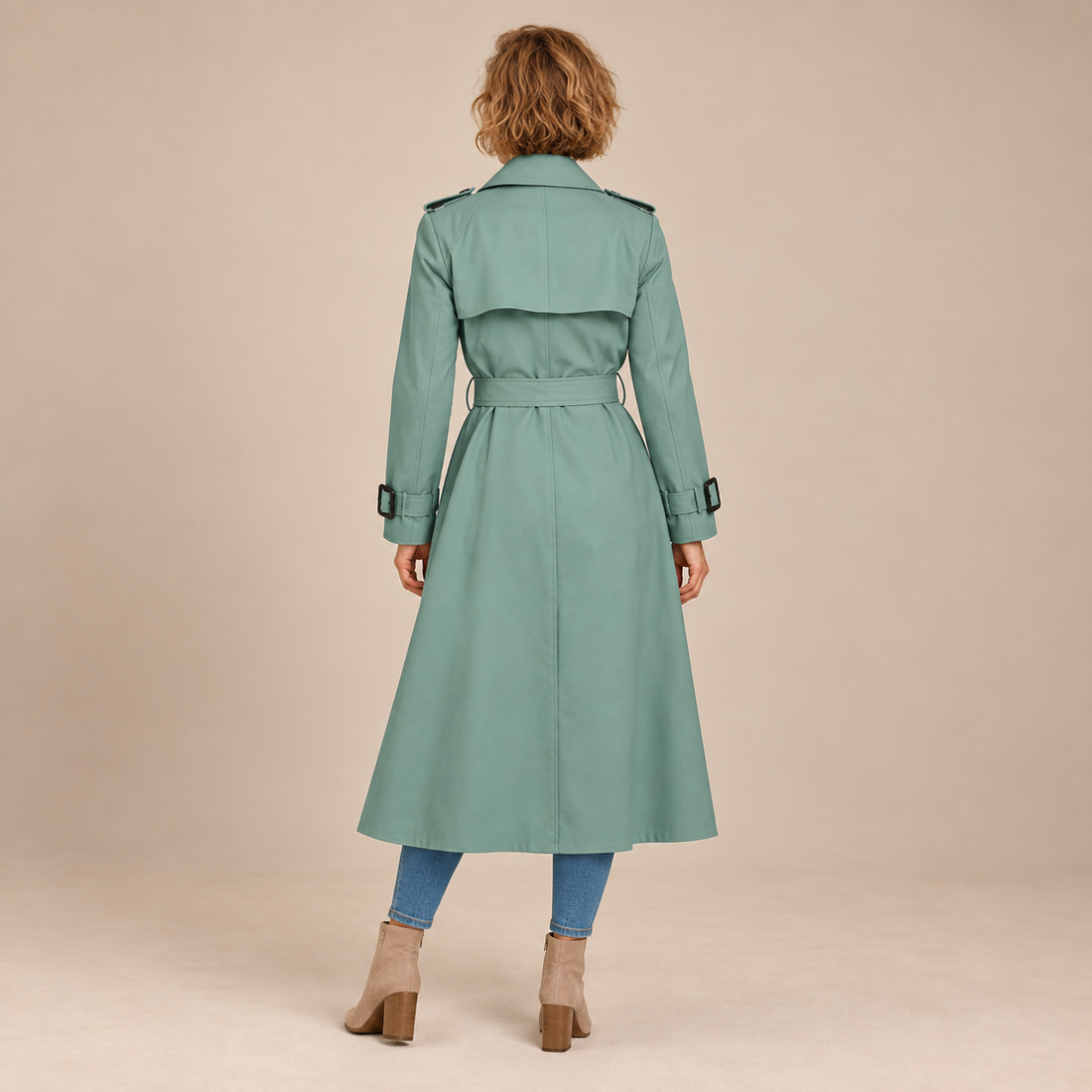 Dubbelrijige damestrenchcoat met strikceintuur