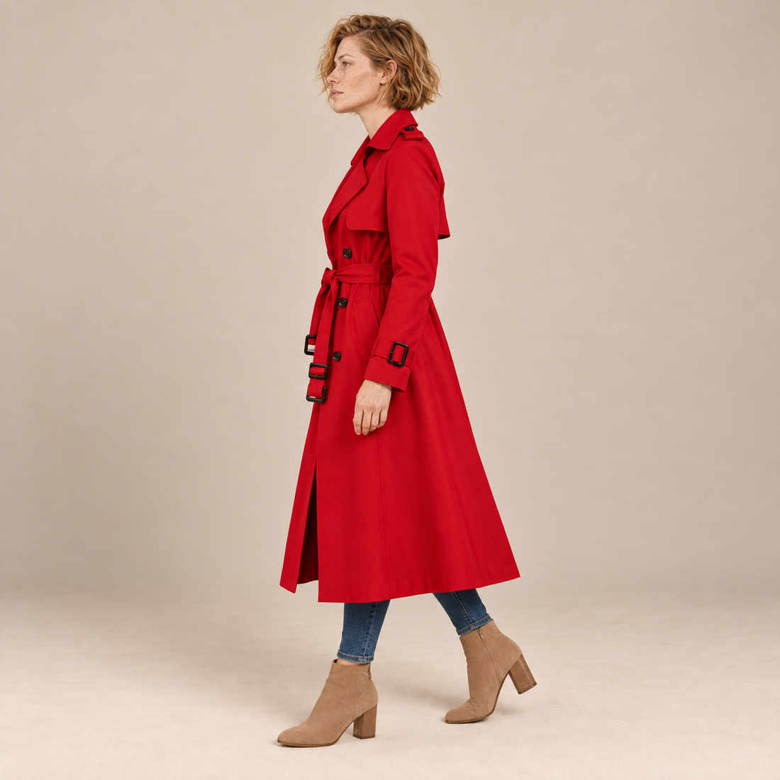 Dubbelrijige damestrenchcoat met strikceintuur
