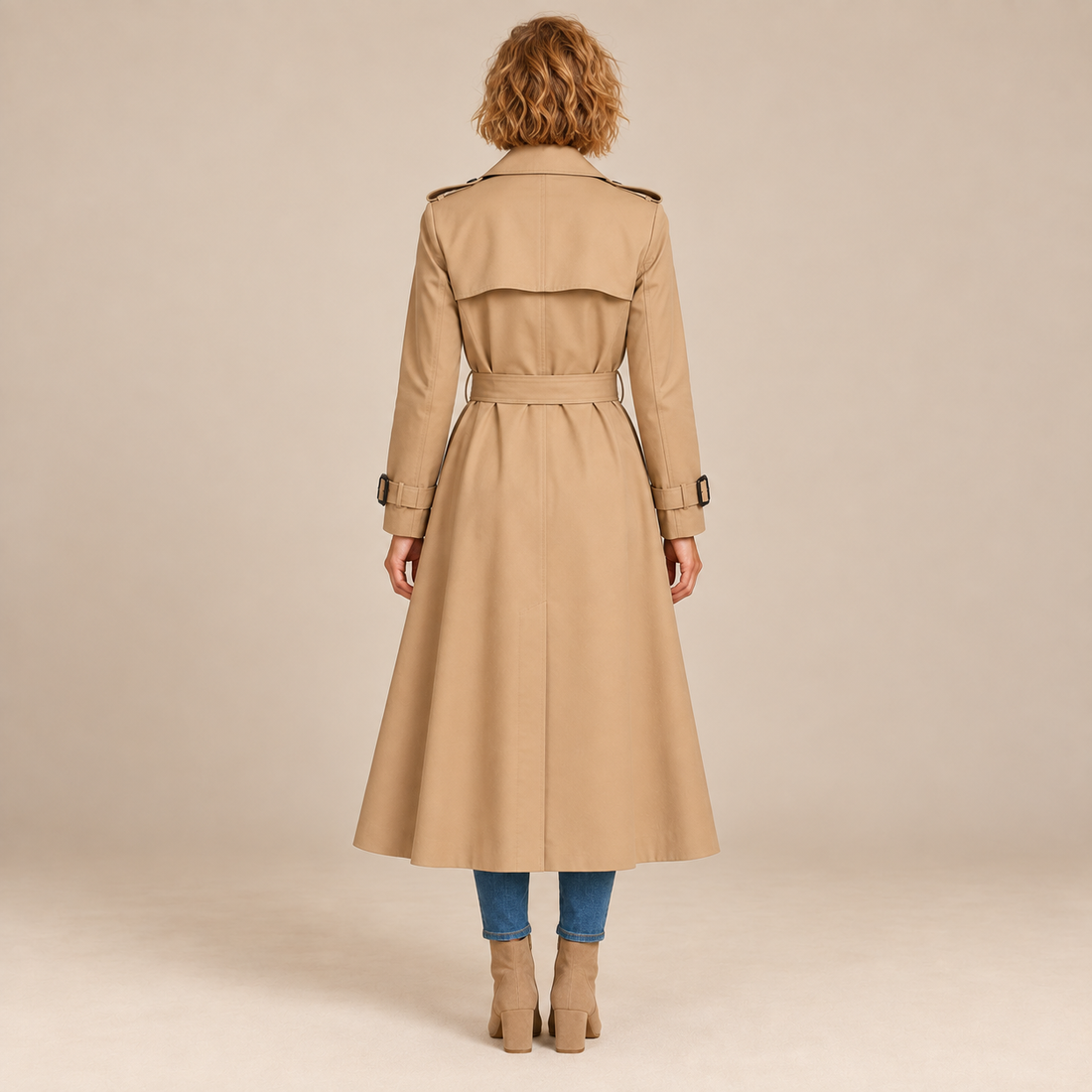 Dubbelrijige damestrenchcoat met strikceintuur