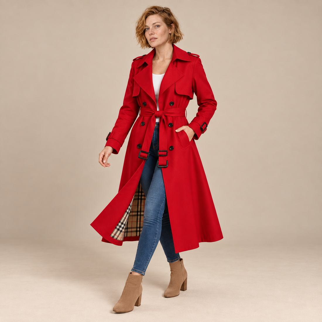 Dubbelrijige damestrenchcoat met strikceintuur