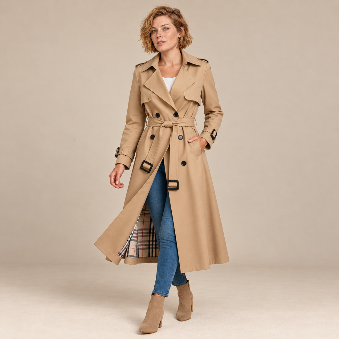 Dubbelrijige damestrenchcoat met strikceintuur