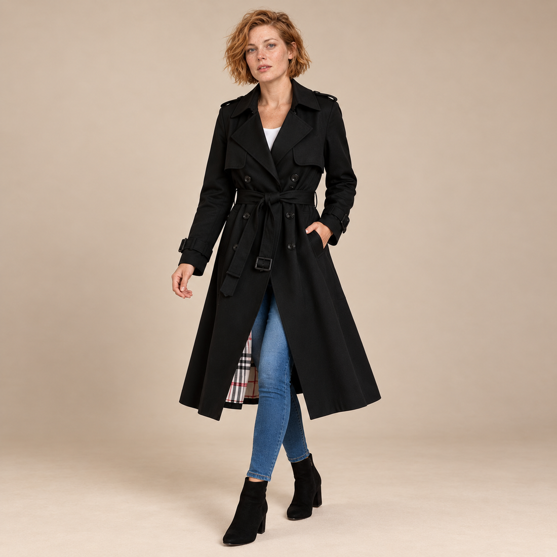 Dubbelrijige damestrenchcoat met strikceintuur