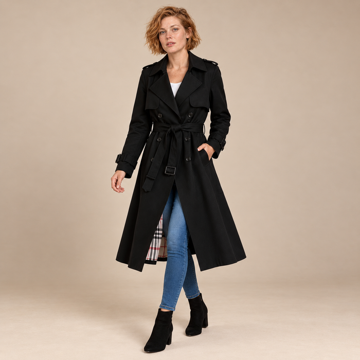 Dubbelrijige damestrenchcoat met strikceintuur