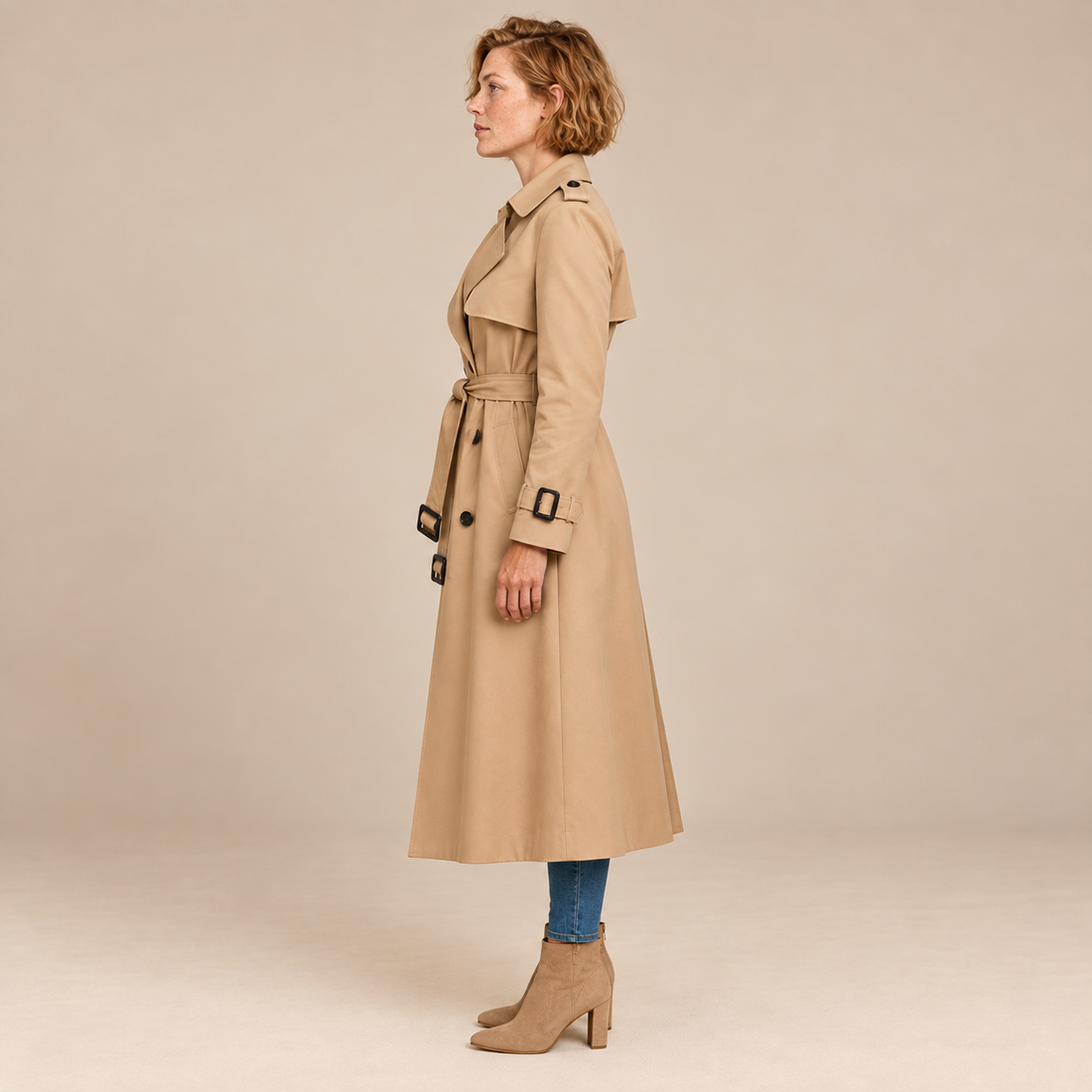Dubbelrijige damestrenchcoat met strikceintuur
