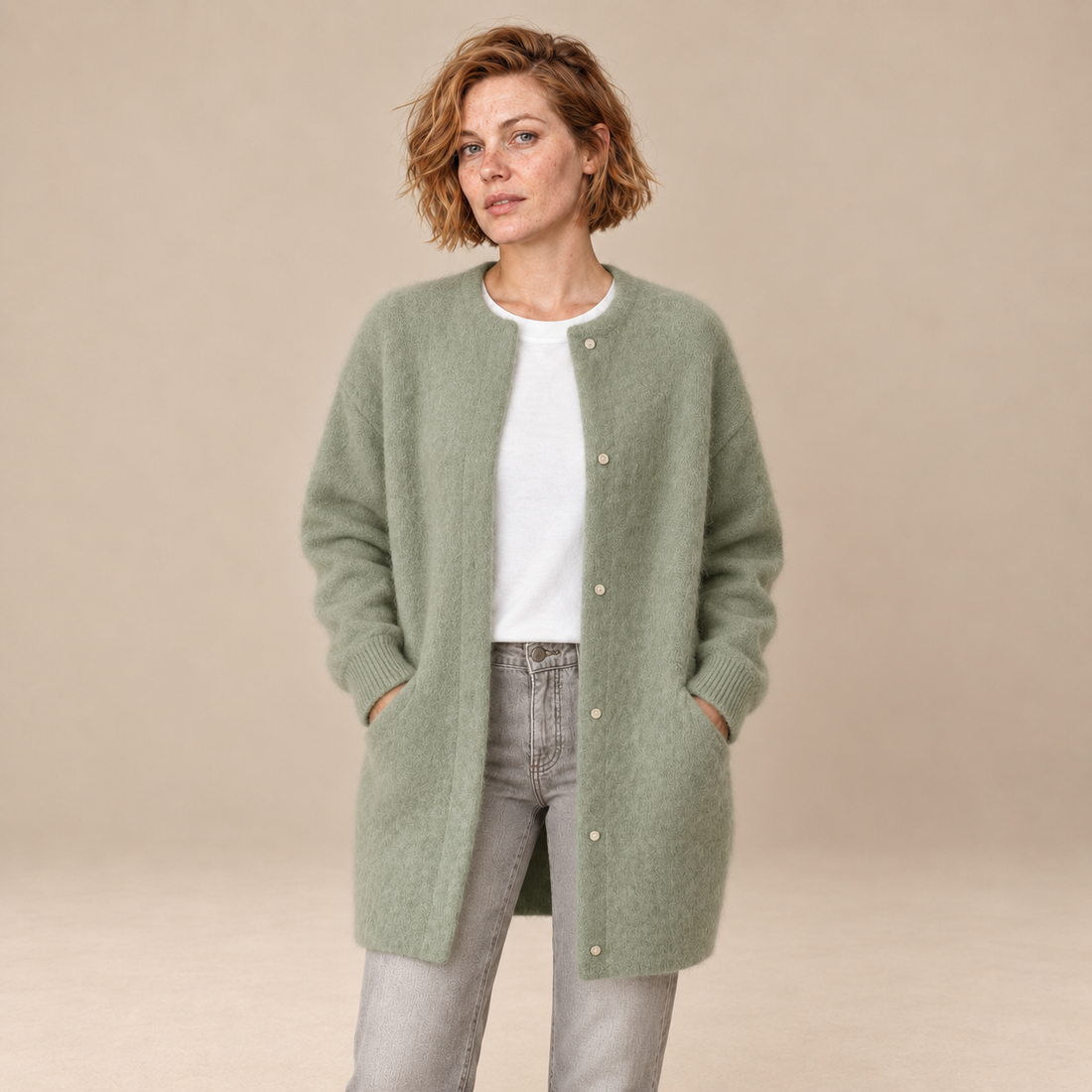 Damesvest met knoopsluiting en geribde boorden