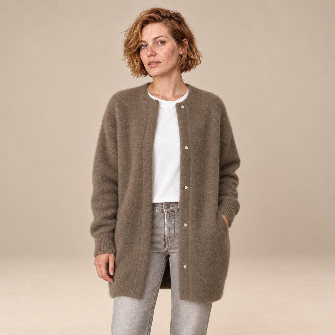 Damesvest met knoopsluiting en geribde boorden