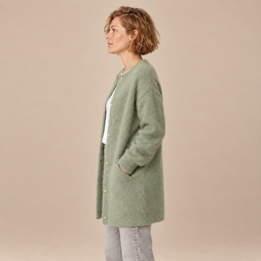 Damesvest met knoopsluiting en geribde boorden
