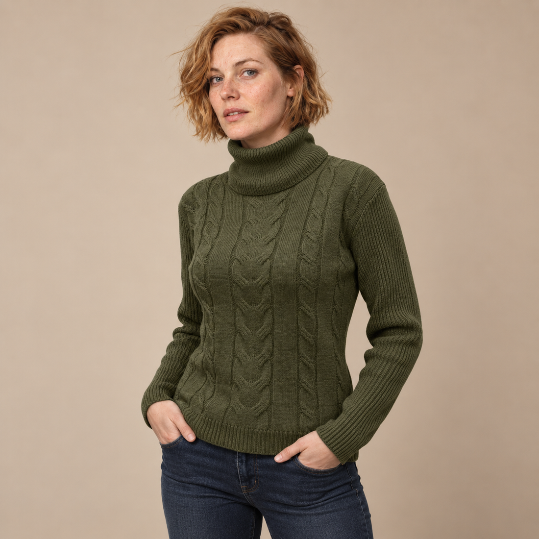 Kabeltrui voor dames met col en lange mouwen