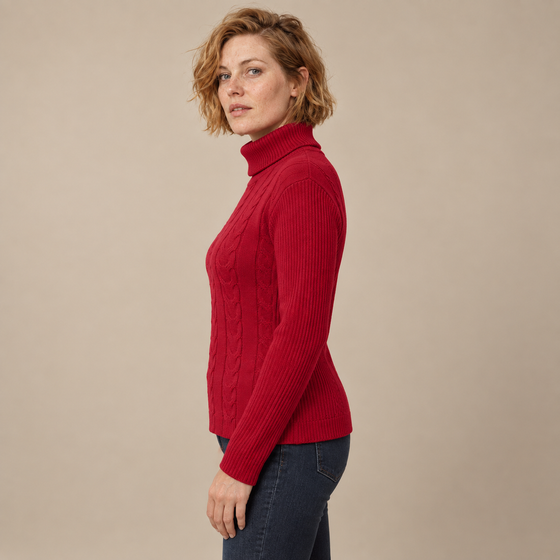 Kabeltrui voor dames met col en lange mouwen