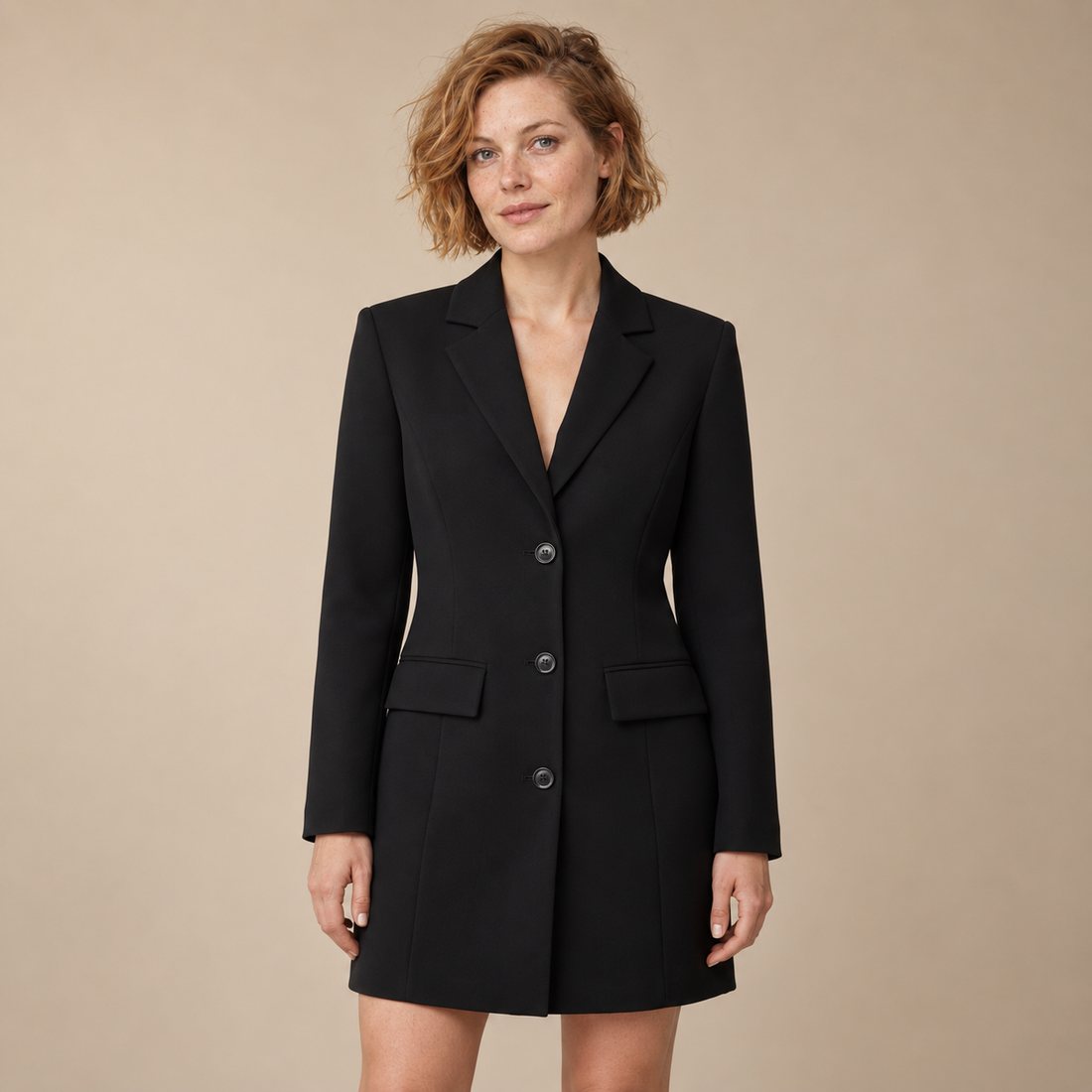 Lange damesblazer met reverskraag en knopen aan de voorkant