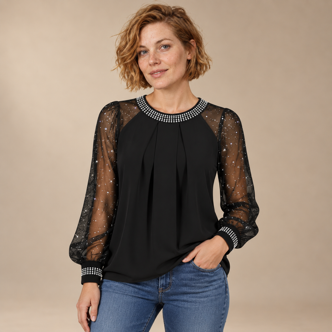 Paillettentop voor dames met ronde hals en lange mouwen