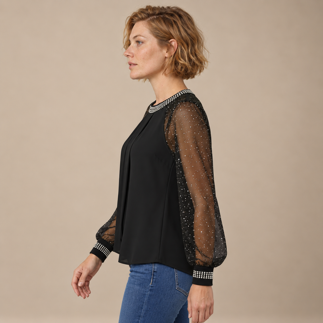 Paillettentop voor dames met ronde hals en lange mouwen