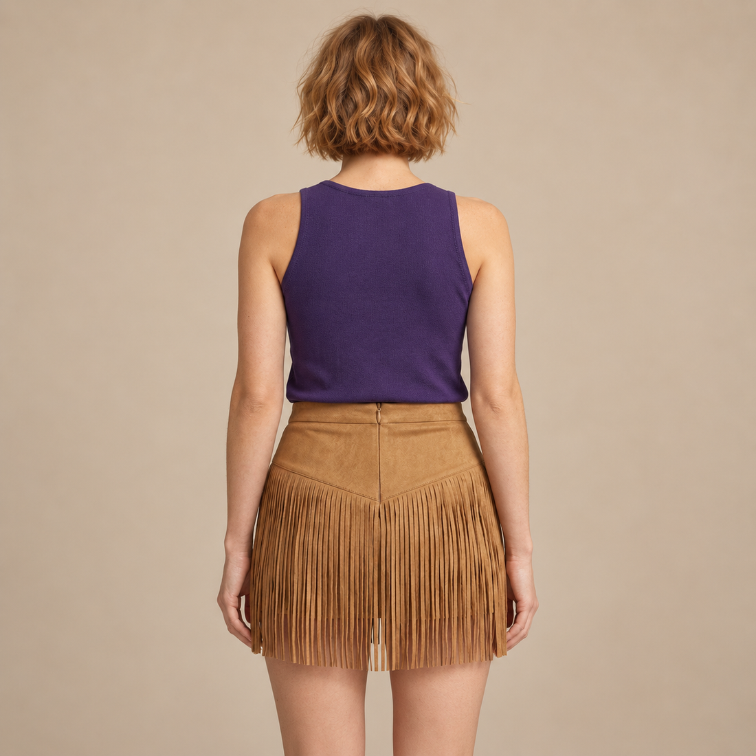 Minirok voor dames met hoge taille, suèdelook en lange franjes