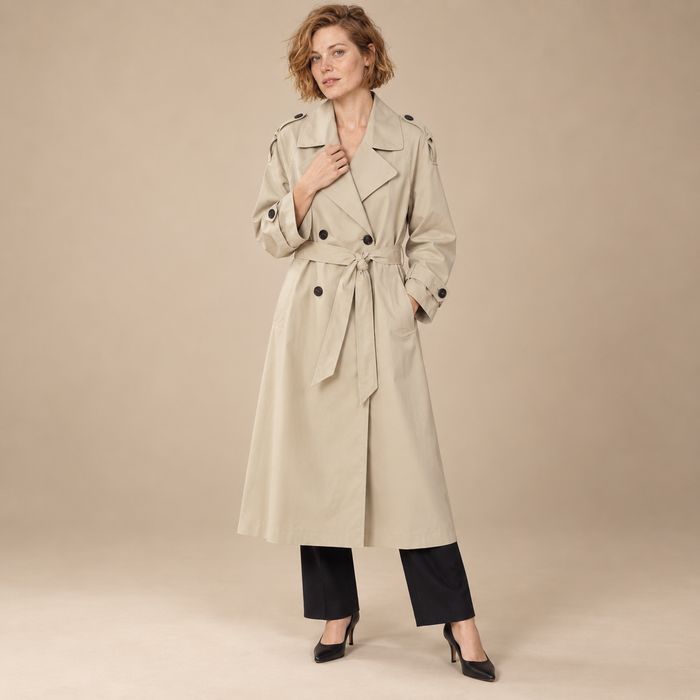 Lange damestrenchcoat met ceintuur en brede kraag