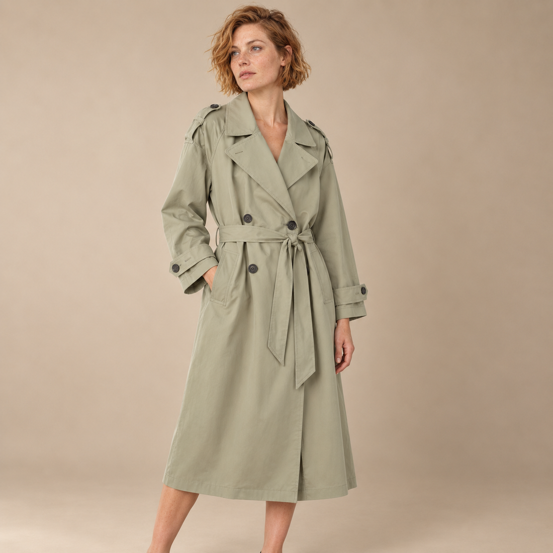 Lange damestrenchcoat met ceintuur en brede kraag
