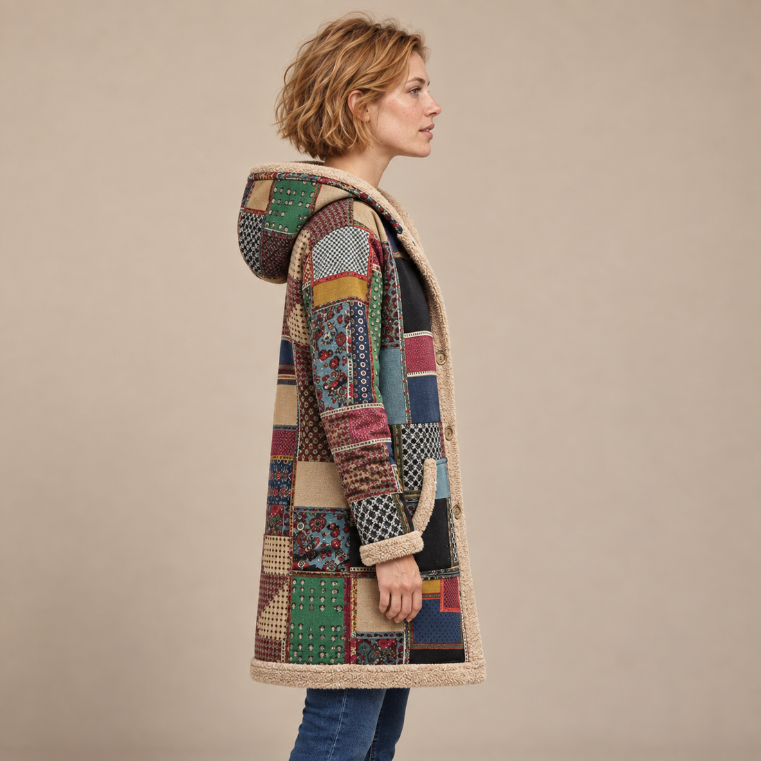 Overjas voor dames met capuchon, rits en patchworkafwerking