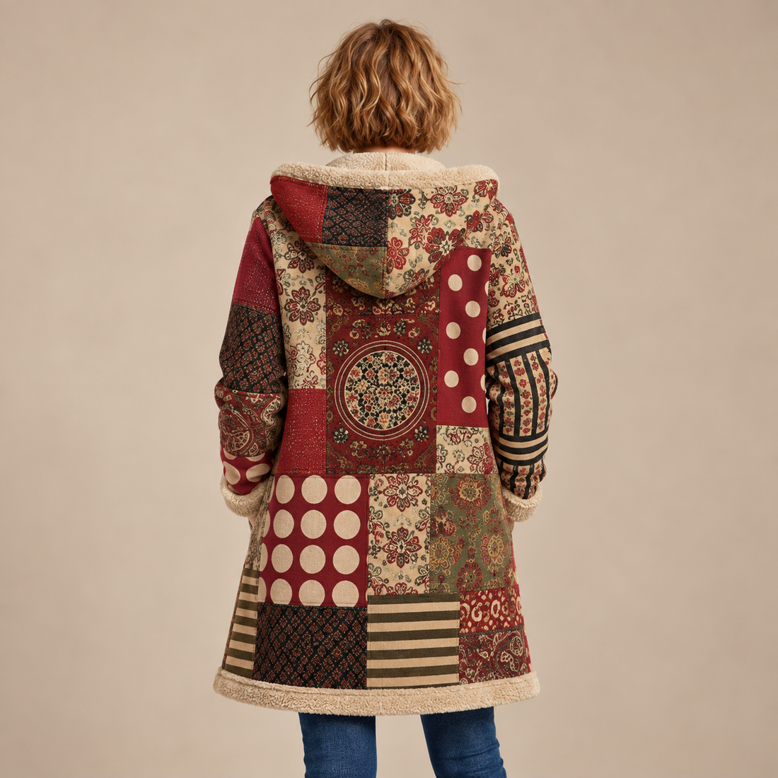 Overjas voor dames met capuchon, rits en patchworkafwerking