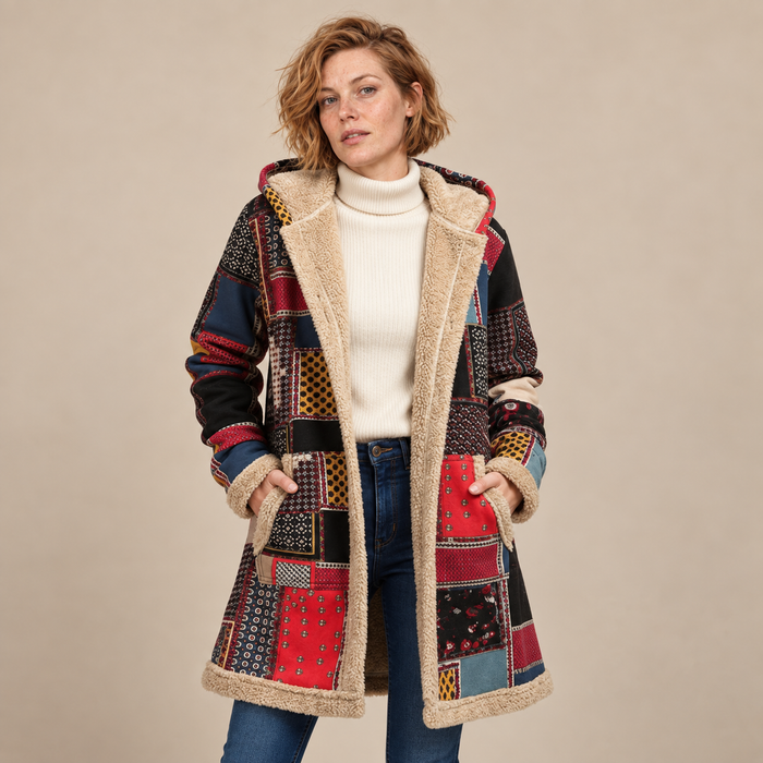 Overjas voor dames met capuchon, rits en patchworkafwerking