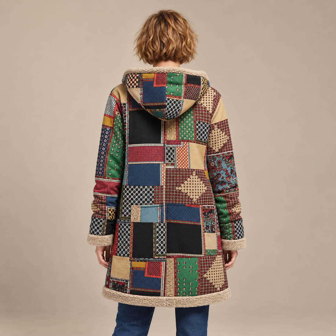 Overjas voor dames met capuchon, rits en patchworkafwerking