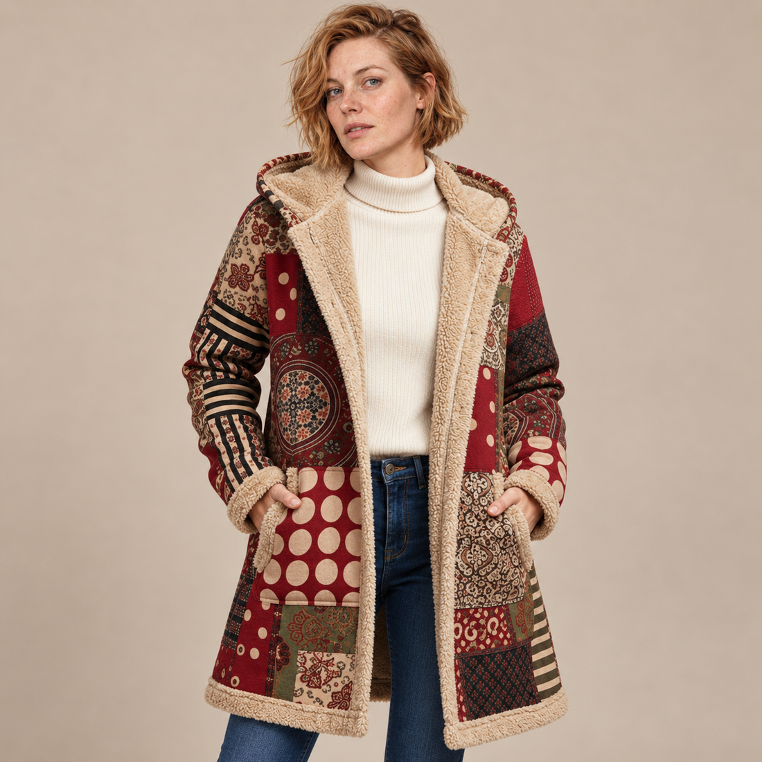 Overjas voor dames met capuchon, rits en patchworkafwerking