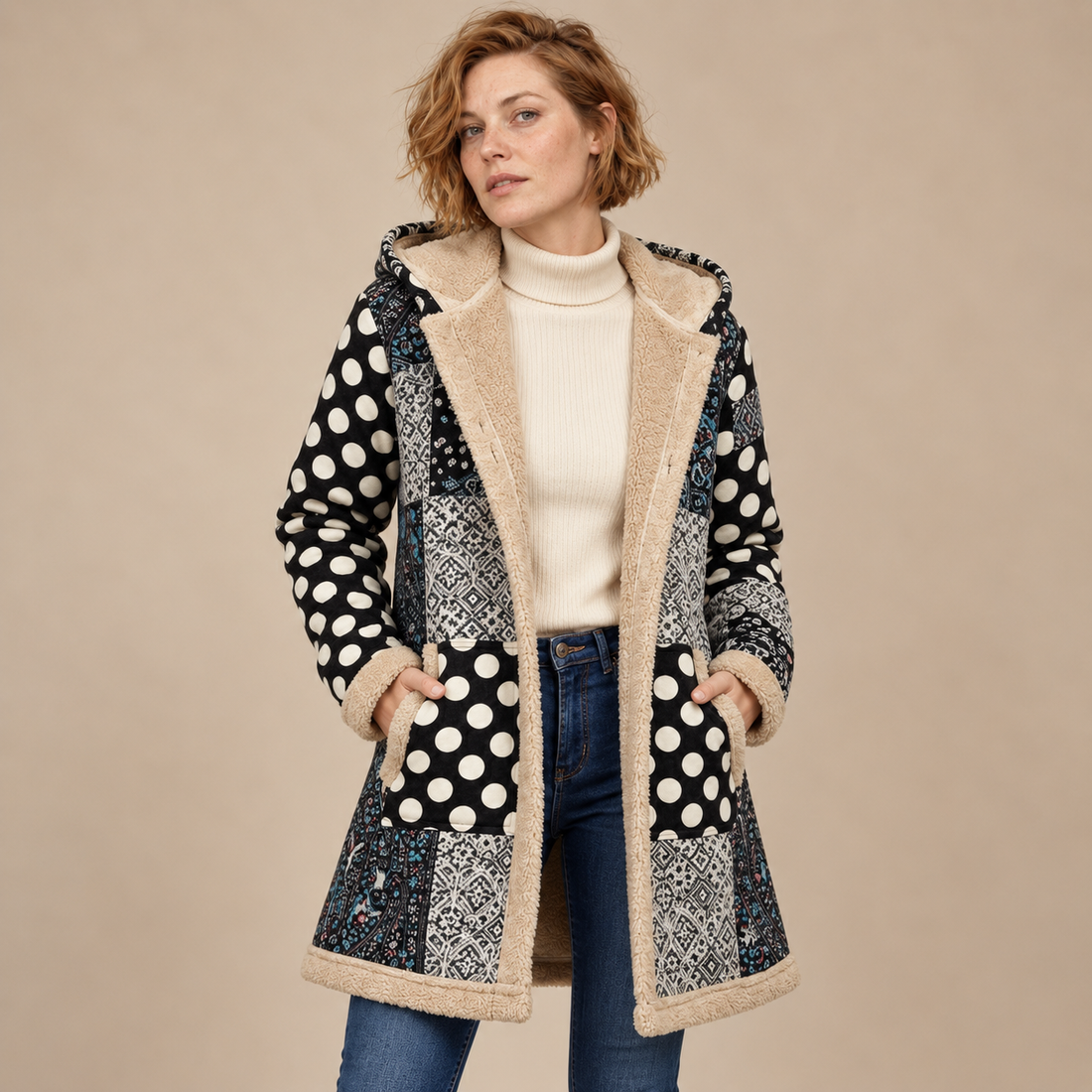 Overjas voor dames met capuchon, rits en patchworkafwerking