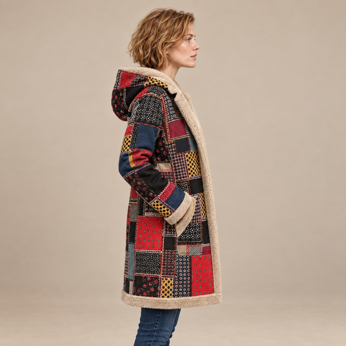 Overjas voor dames met capuchon, rits en patchworkafwerking