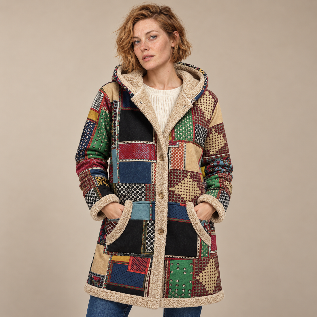 Overjas voor dames met capuchon, rits en patchworkafwerking