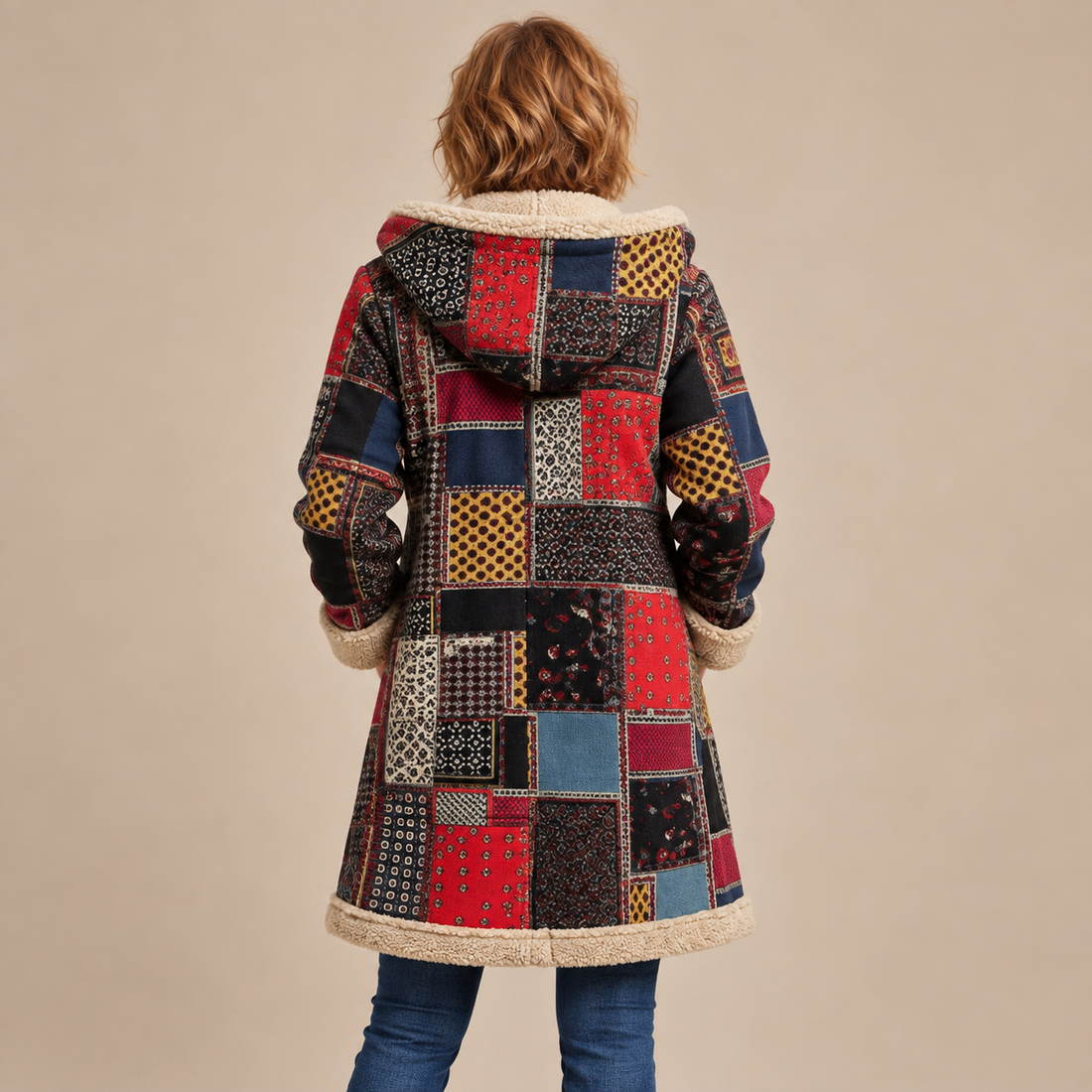 Overjas voor dames met capuchon, rits en patchworkafwerking